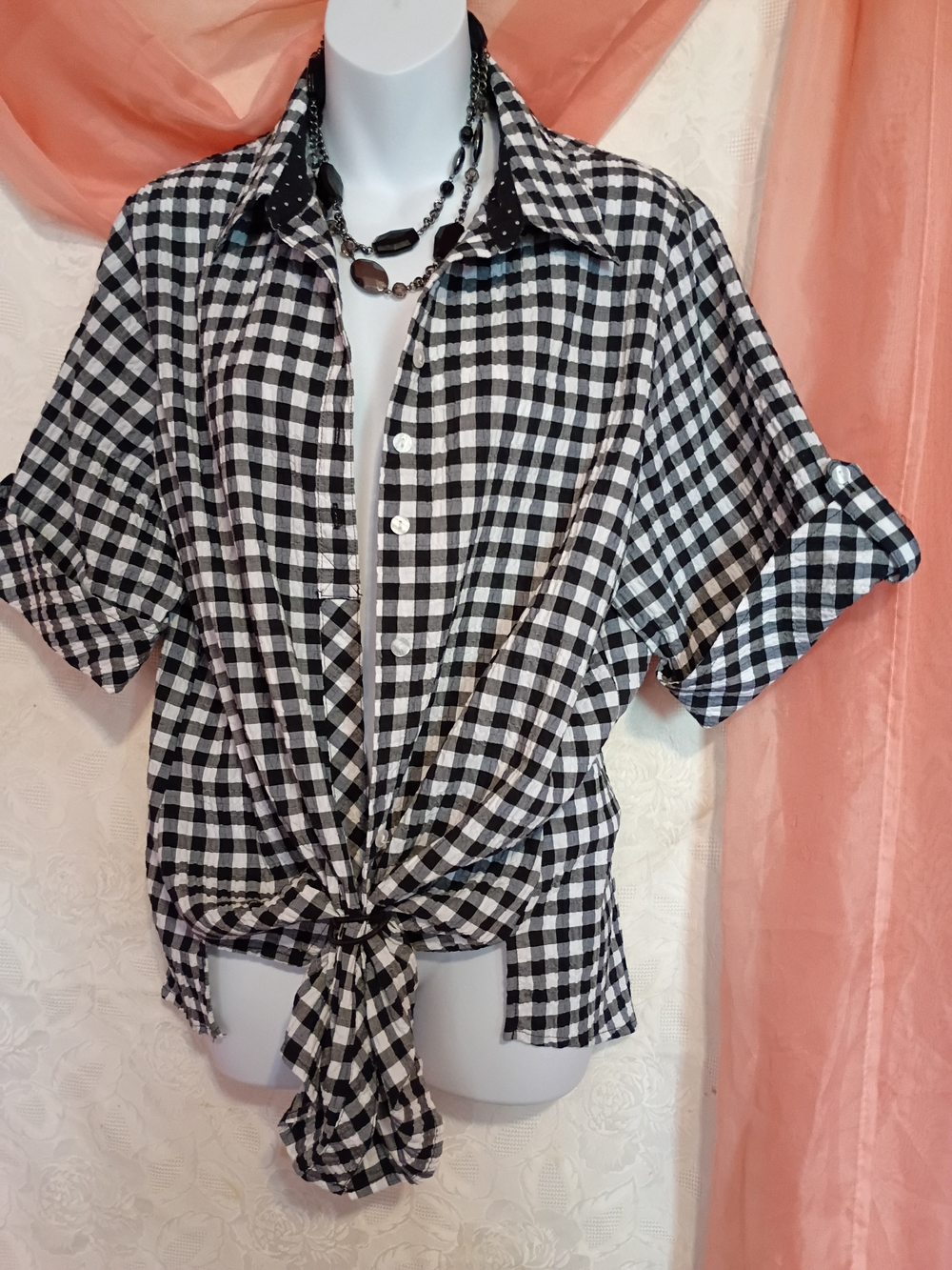 Allison Daley Ladies Black & White Gingham Button-Down Shirt Sz 2X